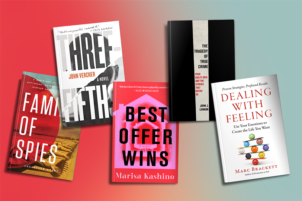 Five books with colorful covers are arranged on a red and teal gradient background.