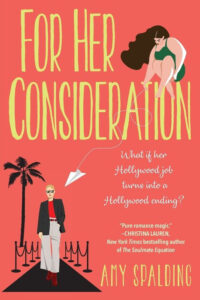 Book cover for "For Her Consideration" with a woman above large text and a red carpet Hollywood scene below.