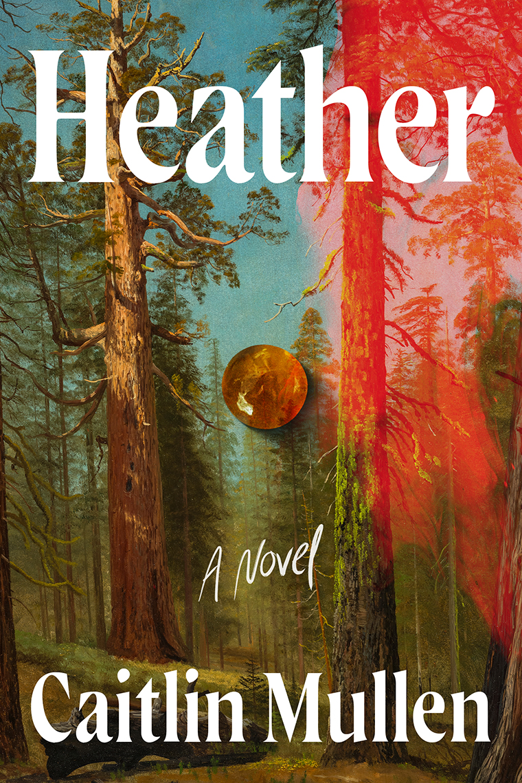 Book cover for "Heather: A Novel" by Caitlin Mullen; forest scene split by red light, with a glowing amber stone.