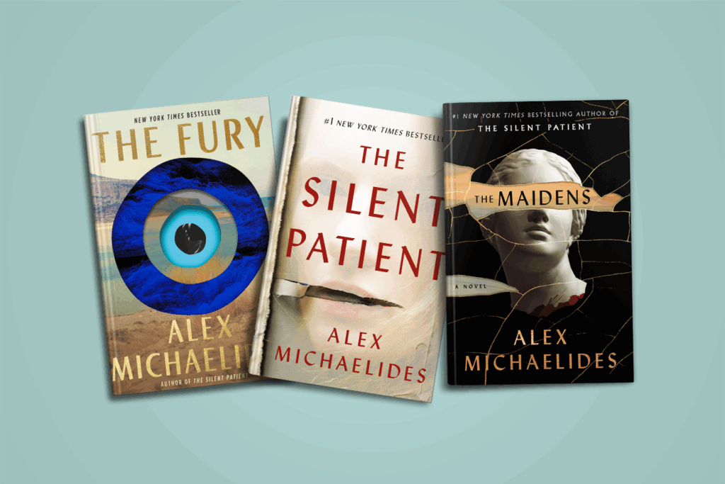 Three Alex Michaelides novels: The Fury, The Silent Patient, and The Maidens displayed side by side.