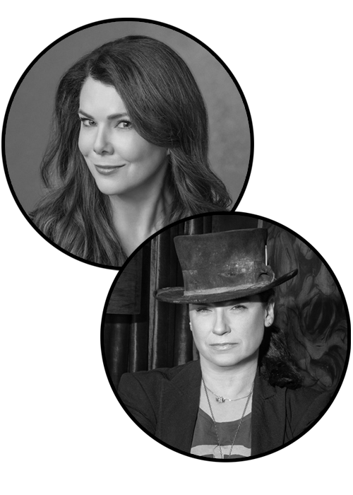 Two black-and-white portraits: one woman smiling, another woman wearing a top hat and serious expression.