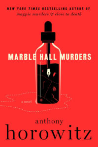 Red book cover with a black ink bottle, pen nib, and murder mystery icons; title: Marble Hall Murders.