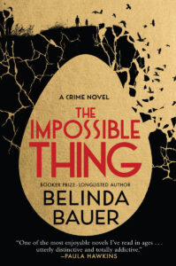 Book cover: A cracked golden egg with flying birds, two people silhouetted on top, title "The Impossible Thing.
