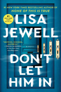 Blue book cover for "Don't Let Him In" by Lisa Jewell, featuring a door with locks and a gold bestseller badge.