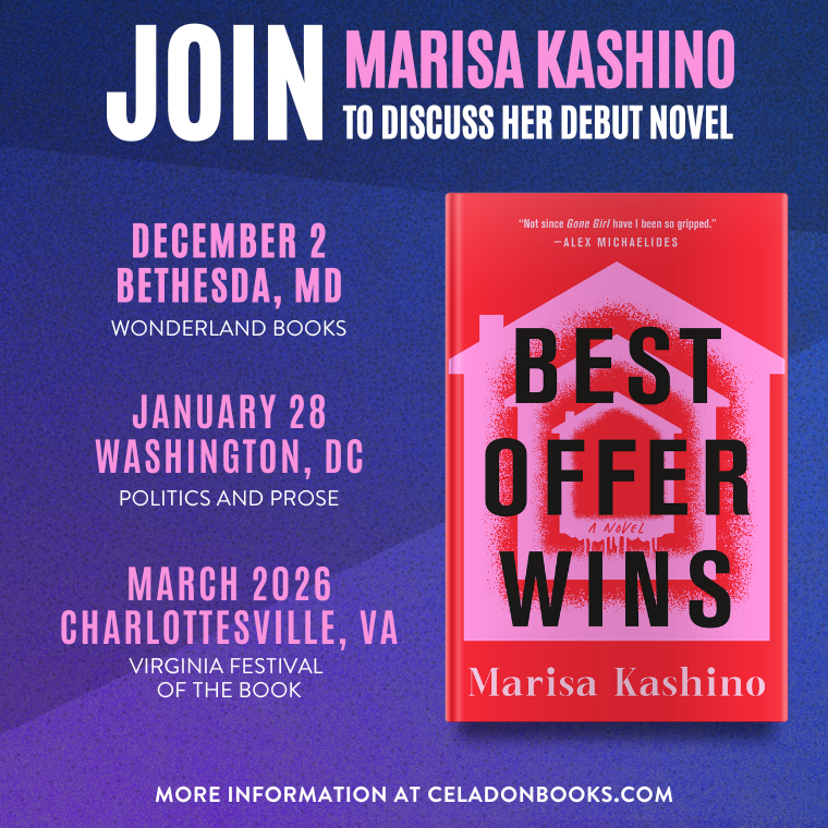 Promotional poster for Marisa Kashino's "Best Offer Wins" book tour with cover and event details for Bethesda, DC, and Charlottesville events. 