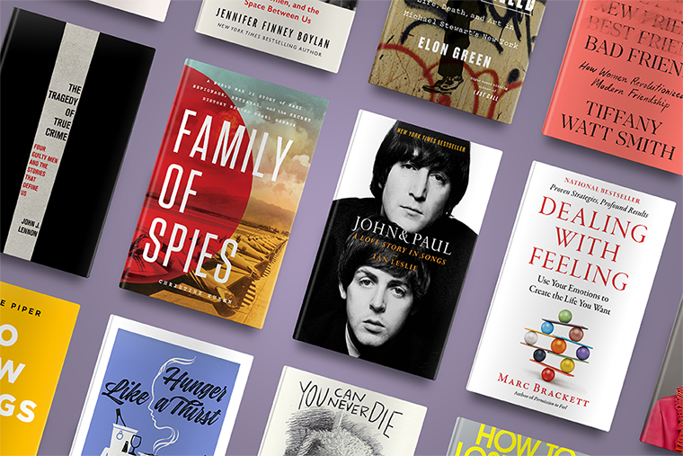 Assorted nonfiction books arranged on a purple background, showing various covers and titles.