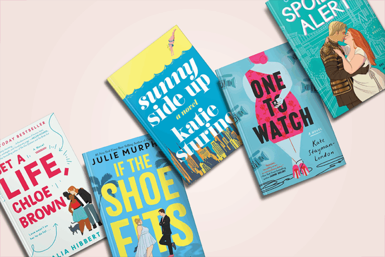 Five colorful romance novel covers arranged diagonally on a light background.