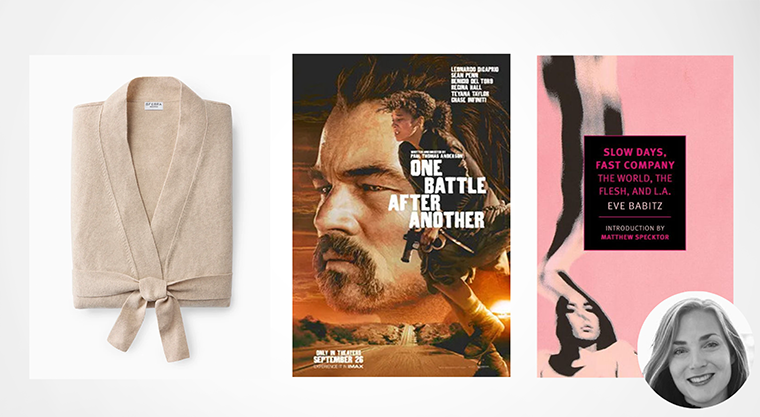 A beige robe, a movie poster showing two men's faces, and a pink-and-black book cover with a woman's photo.