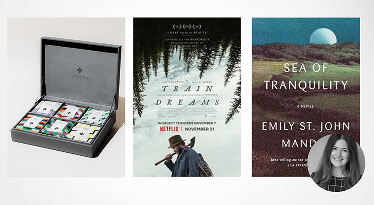 A box of chocolates, a "Train Dreams" movie poster, and the book "Sea of Tranquility" by Emily St. John Mandel.