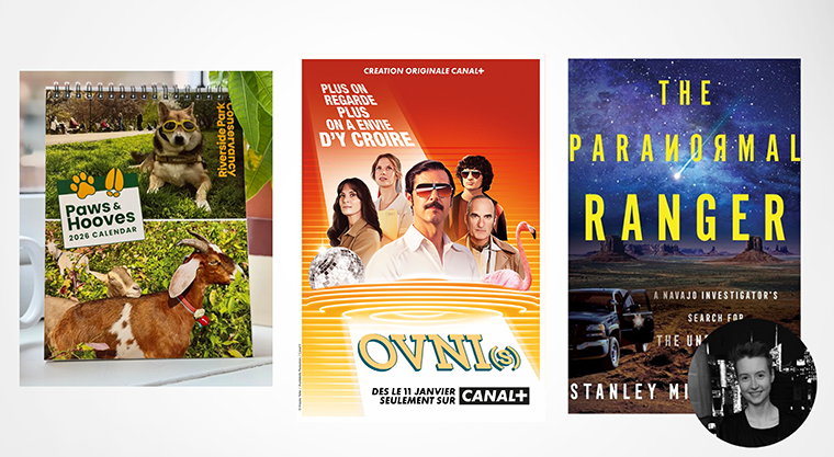 Three book and show covers: a pet calendar, a French TV series, and a paranormal investigation book.