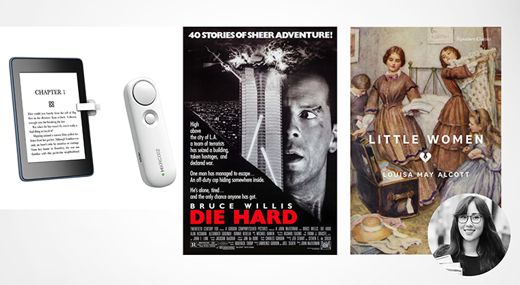 An e-reader, a Die Hard movie poster, and a Little Women book cover are shown side by side.
