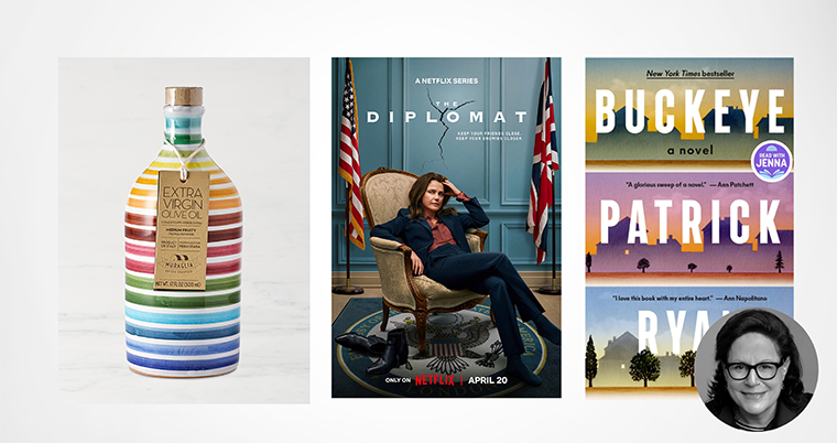 A colorful olive oil bottle, a woman in a suit sitting in an office, and two books titled "Buckeye.