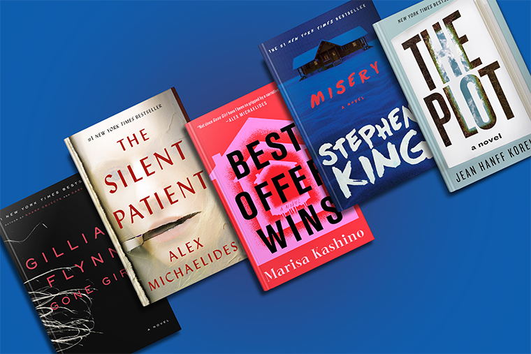 Five thriller novels, including "Gone Girl," "The Silent Patient," and "Misery," displayed on a blue background.