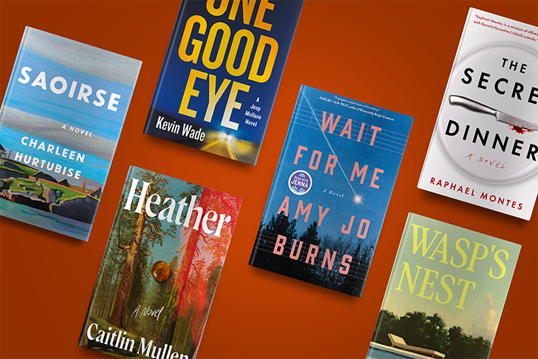 Six novels are arranged on an orange background, each showing colorful, varied book covers and titles.