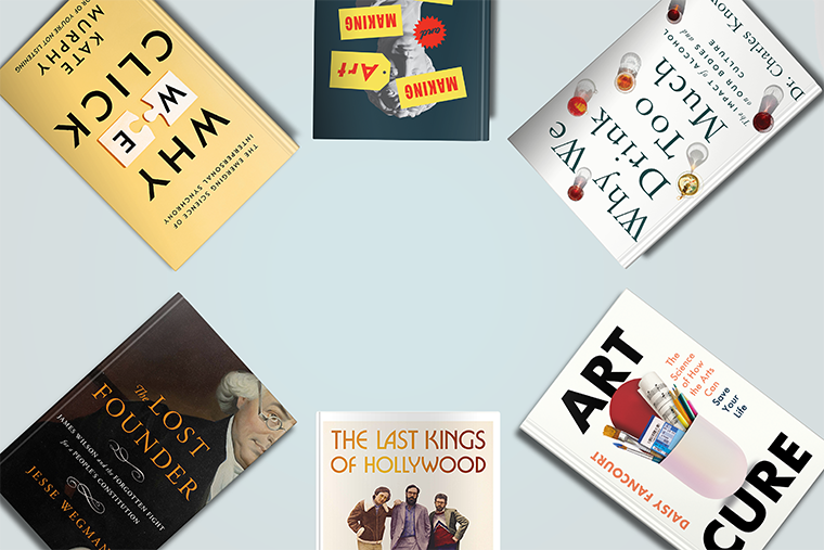 Six books are arranged in a circle on a light blue background, each facing outward.