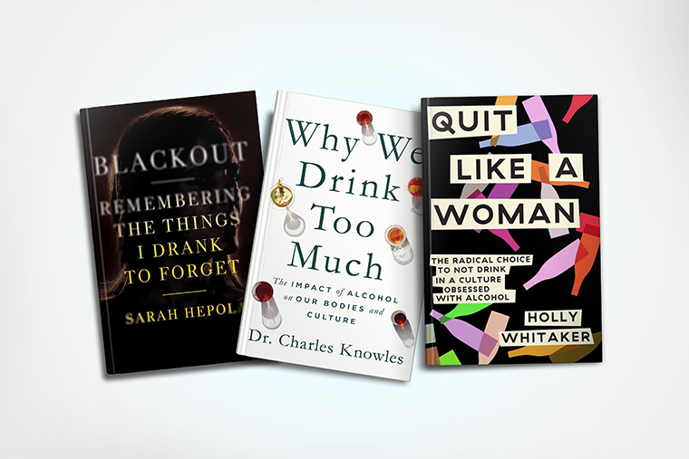 Three books about alcohol and sobriety are arranged side by side on a light background.