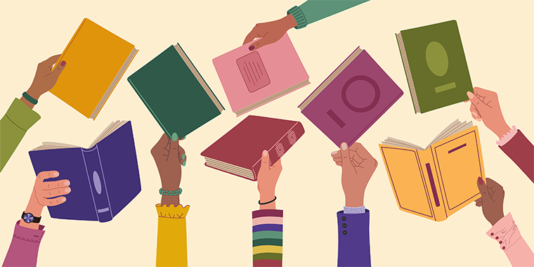 Illustration of diverse hands holding up colorful books against a neutral background.
