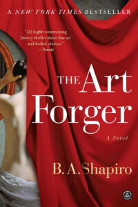 Book cover for "The Art Forger" by B.A. Shapiro, featuring a red curtain and a woman's bare back.