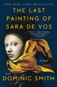 Book cover of "The Last Painting of Sara de Vos" showing a woman in a headscarf with yellow and orange patterns.