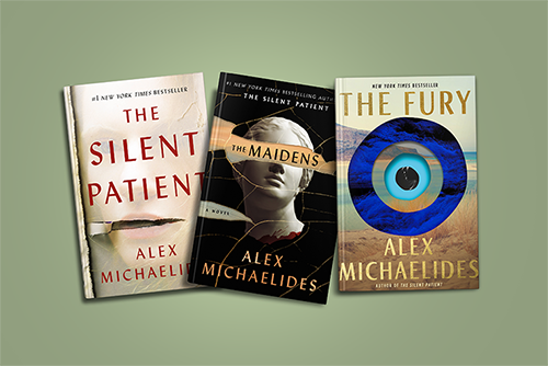 Three Alex Michaelides book covers: The Silent Patient, The Maidens, and The Fury on a green background.