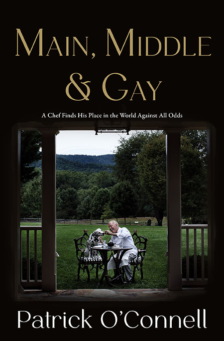 Book cover: Chef sits at outdoor table with two dogs, framed by columns; title reads "Main, Middle & Gay.