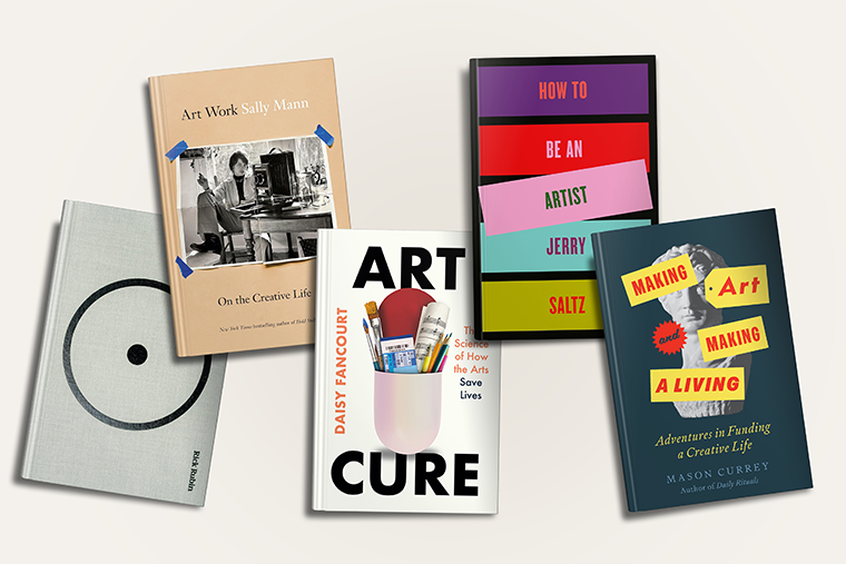 Five creative arts books with colorful and minimalist covers arranged on a light background.
