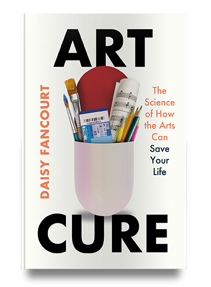 Book cover of "Art Cure" with art supplies, music sheet, and tickets in a pill capsule-shaped container.