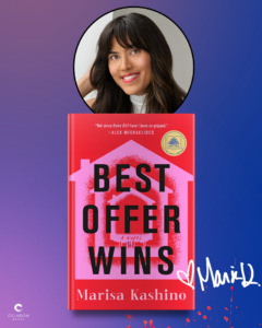 A smiling woman above the book "Best Offer Wins" by Marisa Kashino on a blue and purple background.
