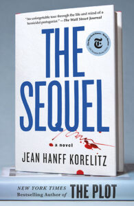 Book cover of "The Sequel" by Jean Hanff Korelitz with blue text and blood spatters on a white background.