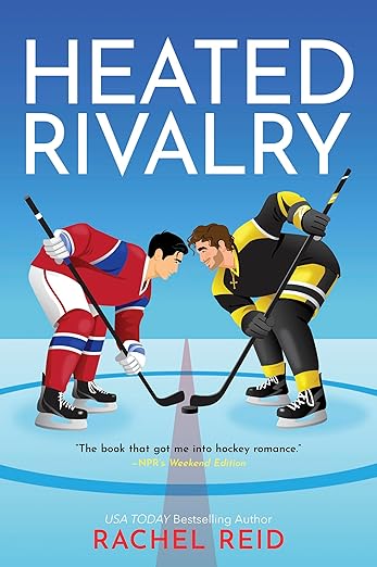 Illustration of two male hockey players facing off on the ice, one in red and blue, one in black and yellow.