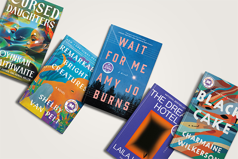 Five colorful book covers arranged diagonally on a light background, featuring various fiction titles and authors.