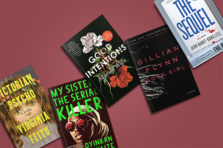 Five thriller novels arranged on a pink background, including "Gone Girl" and "My Sister, the Serial Killer.