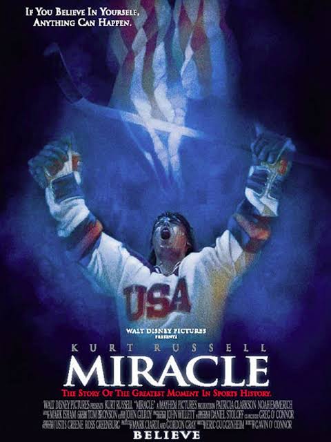 A jubilant hockey player in a USA jersey celebrates with raised fists; text reads "Miracle" and "Believe".