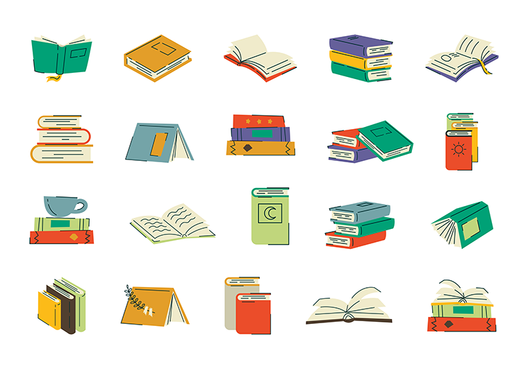 Illustration of various colorful books, some open, closed, and stacked, on a white background.