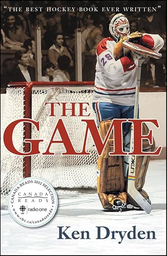 A hockey goalie in vintage gear stands by the net on the cover of "The Game" by Ken Dryden.