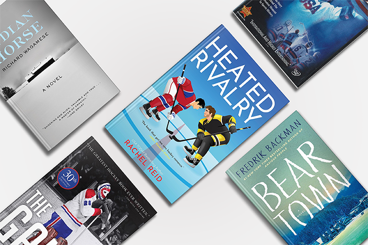 Five hockey-themed books arranged on a white surface, viewed from above.
