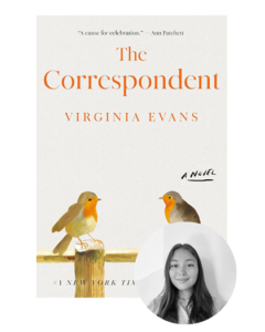 Book cover of "The Correspondent" with two robins; inset photo of a woman in black and white at the bottom right.