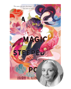 Book cover of "A Magic Steeped in Poison" featuring a colorful, floral portrait of a woman; inset author photo.