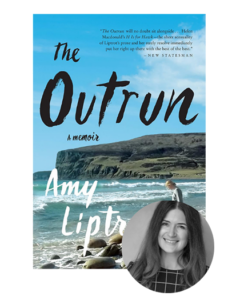 Book cover of "The Outrun" by Amy Liptrot, showing cliffs, sea, and a woman on the shore, with author photo inset.
