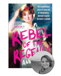 Book cover for "Rebel of the Regency" with a portrait of a woman and a small author photo in the corner.