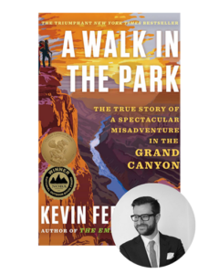 Book cover for "A Walk in the Park" with sunset canyon art and a circular photo of a bearded man in glasses.
