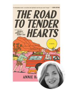 Book cover of "The Road to Tender Hearts" with desert scene, red car, and smiling woman’s photo inset.
