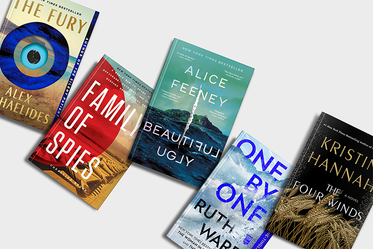 Five books with colorful covers arranged diagonally on a light background. Titles and authors are visible.