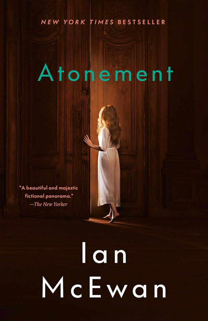 A woman in a white dress stands in a doorway, light streaming in; cover of "Atonement" by Ian McEwan.