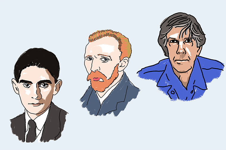 Illustrated portraits of three men with different hairstyles and clothing shown side by side on a light background.