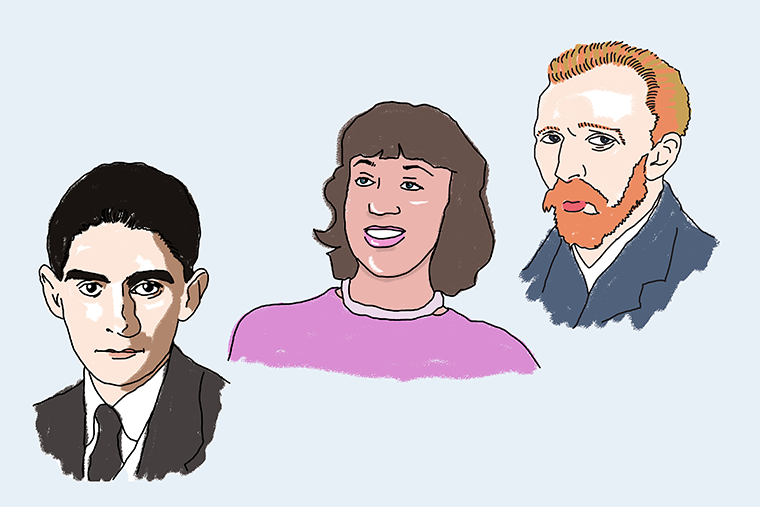 Illustration of three people: a dark-haired man, a woman with brown hair, and a red-haired man with a beard.