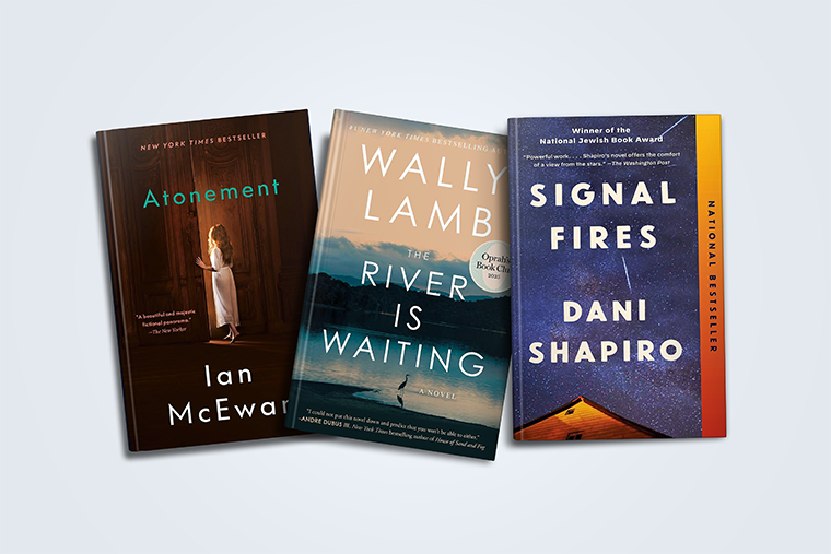 Three bestselling novels: "Atonement," "The River Is Waiting," and "Signal Fires" displayed side by side.