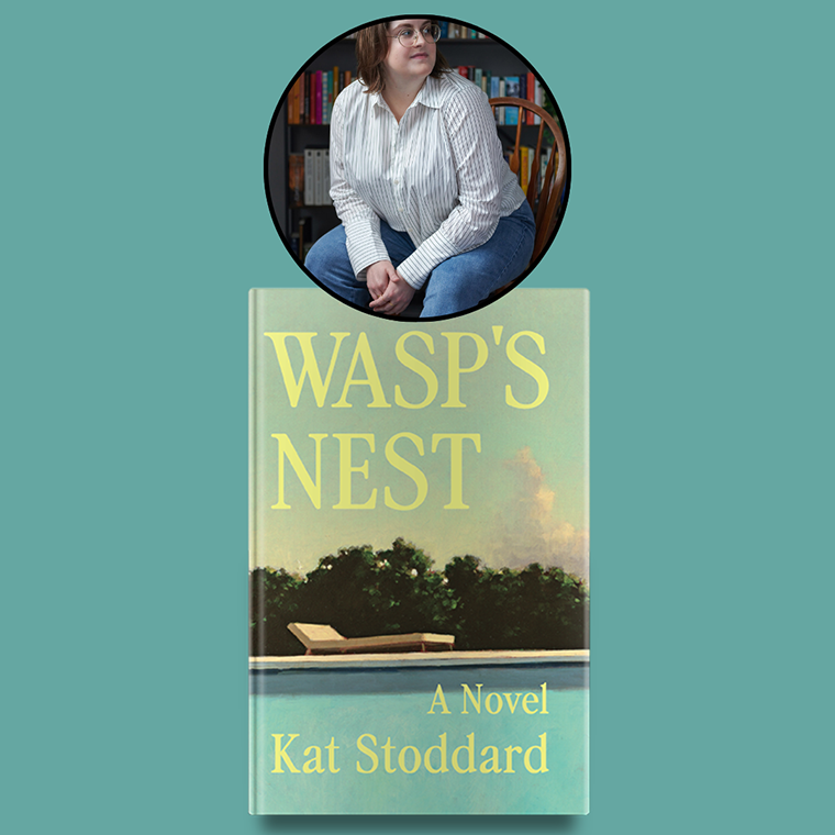 A book titled "Wasp's Nest" by Kat Stoddard with a portrait of a person sitting above it.