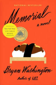 Book cover of "Memorial" by Bryan Washington, featuring an illustration of two people lying on a bed.