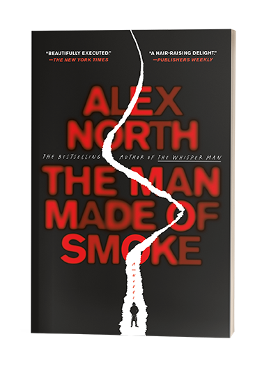 Book cover for "The Man Made of Smoke" by Alex North, with a jagged tear and silhouette of a person at the bottom.